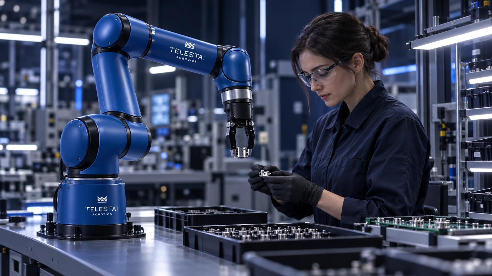 Cobot azul trabalhando ao lado de operador em estação industrial — ilustração conceitual