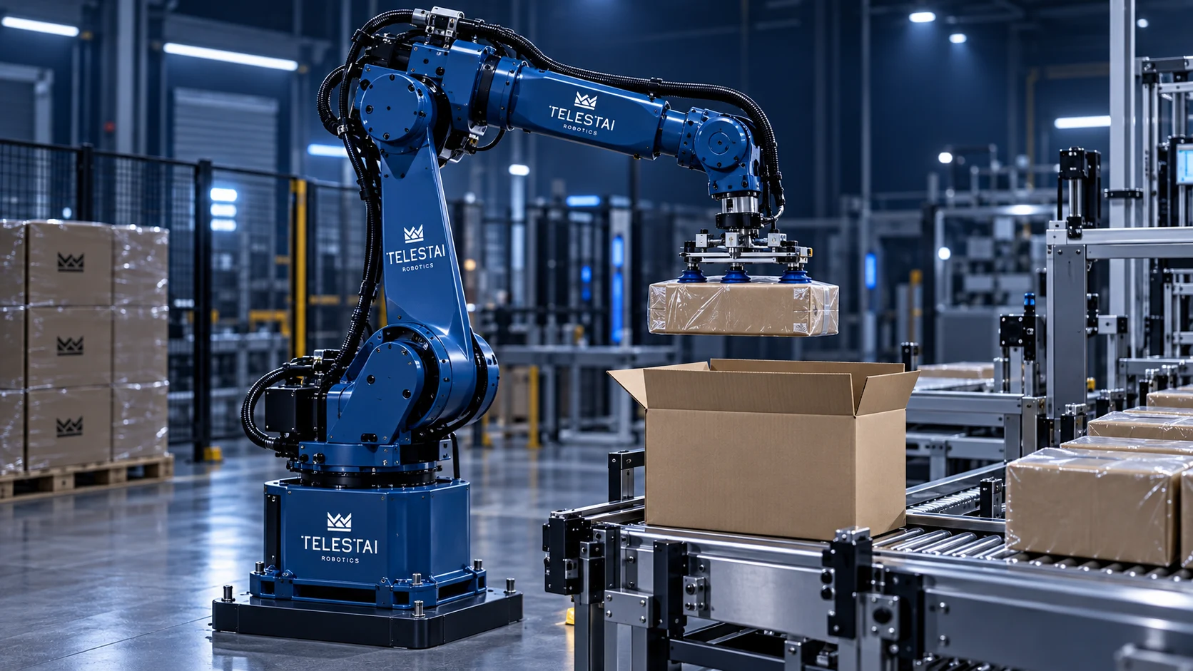 Robô industrial azul encaixotando produtos em uma linha de embalagem — ilustração conceitual